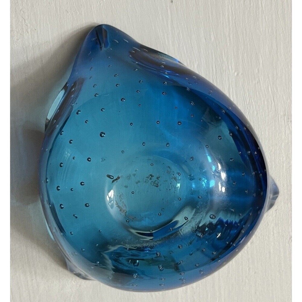 Blue Art Glass Bowl Controlled Bubble Trinket Candy Dish MCM Retro Ashtray - Picture 6 of 7